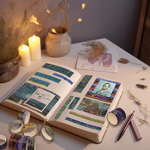 Washi Tape Set, 36 Rolls Van Gogh Vintage Gold Washy Tape, Wide Decorative Tape for Journaling, Scrapbooking Supplies,Vision Board Supplies, 6 Sizes Craft Watercolor Tape