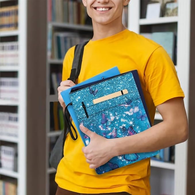 COEQINE Bling Butterfly Book Sleeve for Book Lovers Teens Girls Blue Covers Pouch for Paperbacks with Zipper Front Pocket Chain