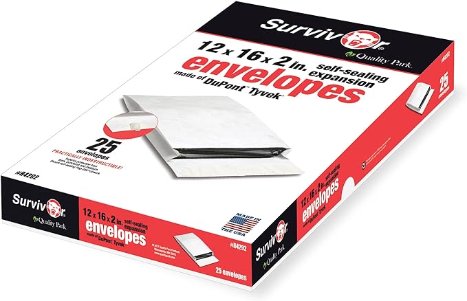 Quality Park Survivor 12 x 16 x 2 Tyvek Expansion Catalog Mailers with Self Seal Closure, 14 lb, Puncture, Tear and Moisture Resistant Dupont Tyvek Envelopes, 25/Box (R4292)