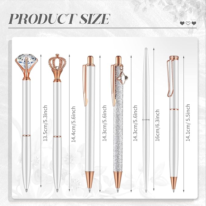 6 Pcs Ballpoint Pens Set Metal Crystal Diamond Pen for Journaling Glitter Pretty Cute Stationery Black Ink Fancy Gifts for Women Girls Teacher Office Wedding School Supplies(Silver)