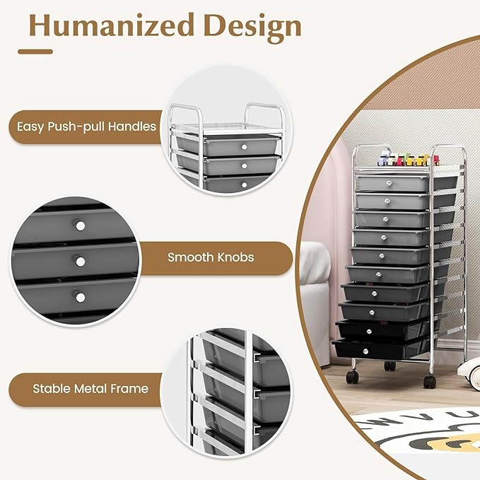 Storage Cart, Rolling Utility Cart with 10 Drawers, Portable Handles & Lockable Wheels, Mobile Paper Toys Storage Organizer Large Capacity for Home Office School Teacher (Gradient Black)