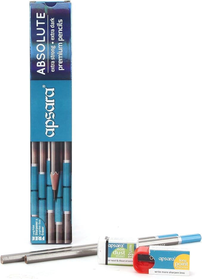 Apsara Absolute Extra Dark & Strong Premium Pencil | Set of 2 (20 Pencils) with 2 Eraser & 2 Sharpner