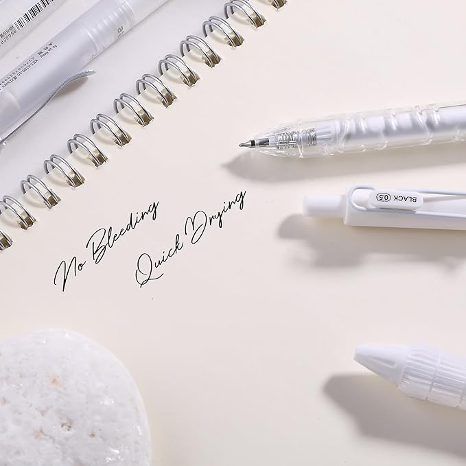 10 Count Pastel Gel Ink Pen Set,Cute Note Taking 0.5mm Fine Point Retractable 10 Count Black Ink Pens with for Writing, Journaling, School, Office (White)