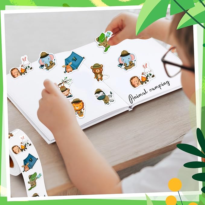 1 Roll Animal Stickers Reward Cute Space Stickers Office Supplies Incentives Sticker Animal Party Favor Decal, 500 Pcs Each Roll(Camping Animal)