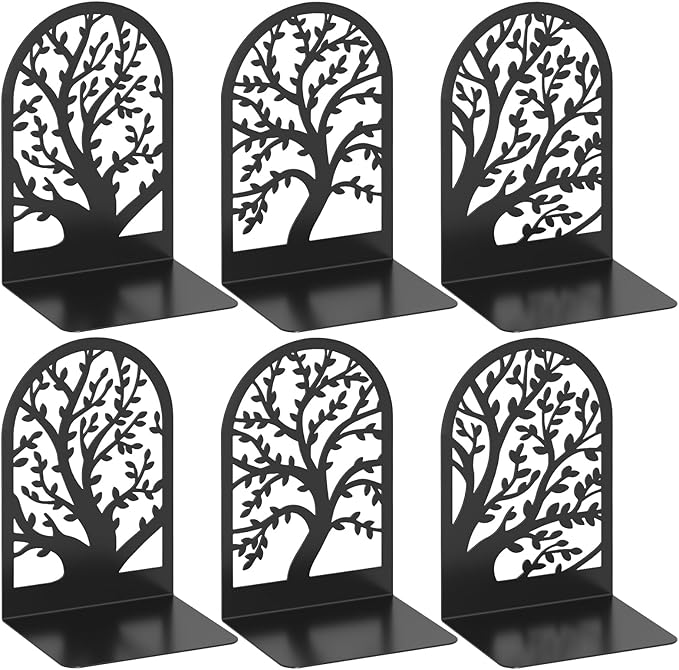 VFINE Bookends 3 Pairs, Decorative Book End, Bookends for Shelves, Book Ends for Shelves, Book Stopper Book Ends to Hold Books, Book Stopper, Unique Black Metal Tree Book Ends for Home School Office