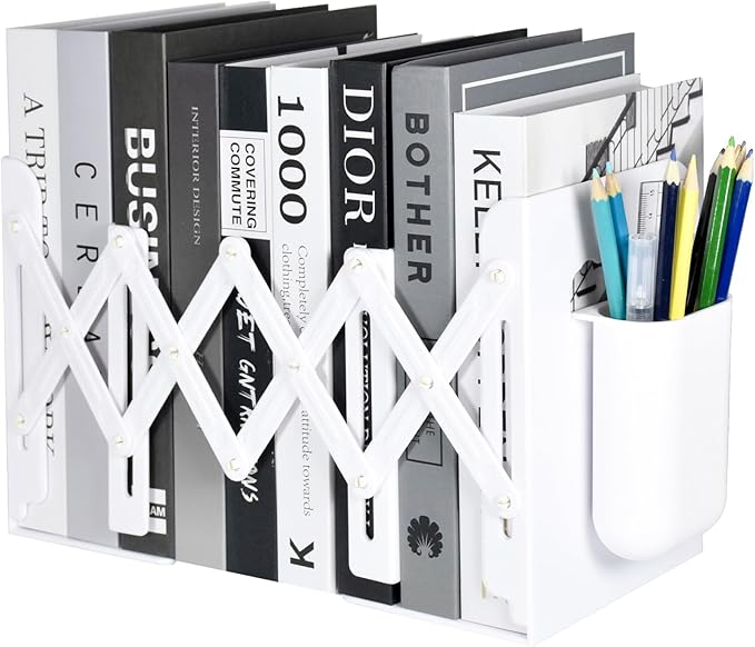 SAYEEC Adjustable Bookends with Pen Holder Expandable Book Ends for Heavy Books Plastic Desk Book Holder Stand Stopper Rack Magazine Binder Organizer for Shelves Bookcase Office School Home (White)