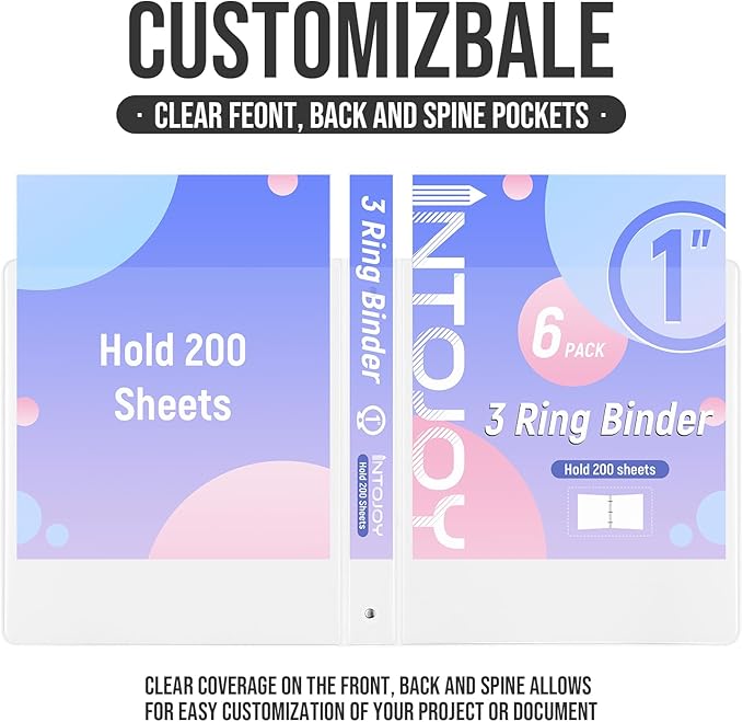 3 Ring Binder 1 Inch, IntoJoy 6 Pack Clear View 3 Hole Binder PVC-Free Fits 8.5x11 Inch Paper Flexible Round Ring Binders for School Office Home Binder Supplies (White)