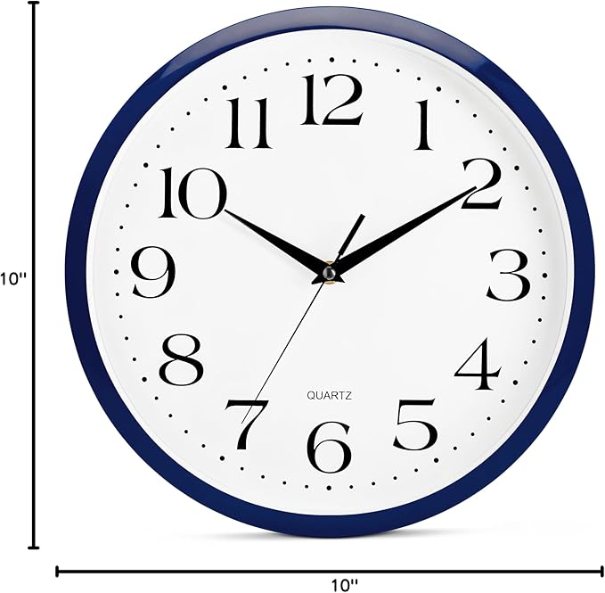 Bernhard Products Navy Wall Clock Silent Non Ticking - 12 Inch Quality Quartz Battery Operated Round Easy to Read Home/Kitchen/Office/Classroom/School Clock