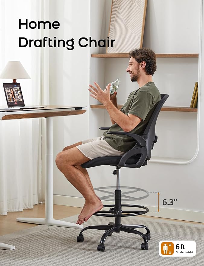 Drafting Chair Tall Office Chair with Flip-up Armrests Ergonomic Computer Standing Desk Chair with Comfy Lumbar Support and Adjustable Footrest Ring for Bar Height Desk(White-Pink)