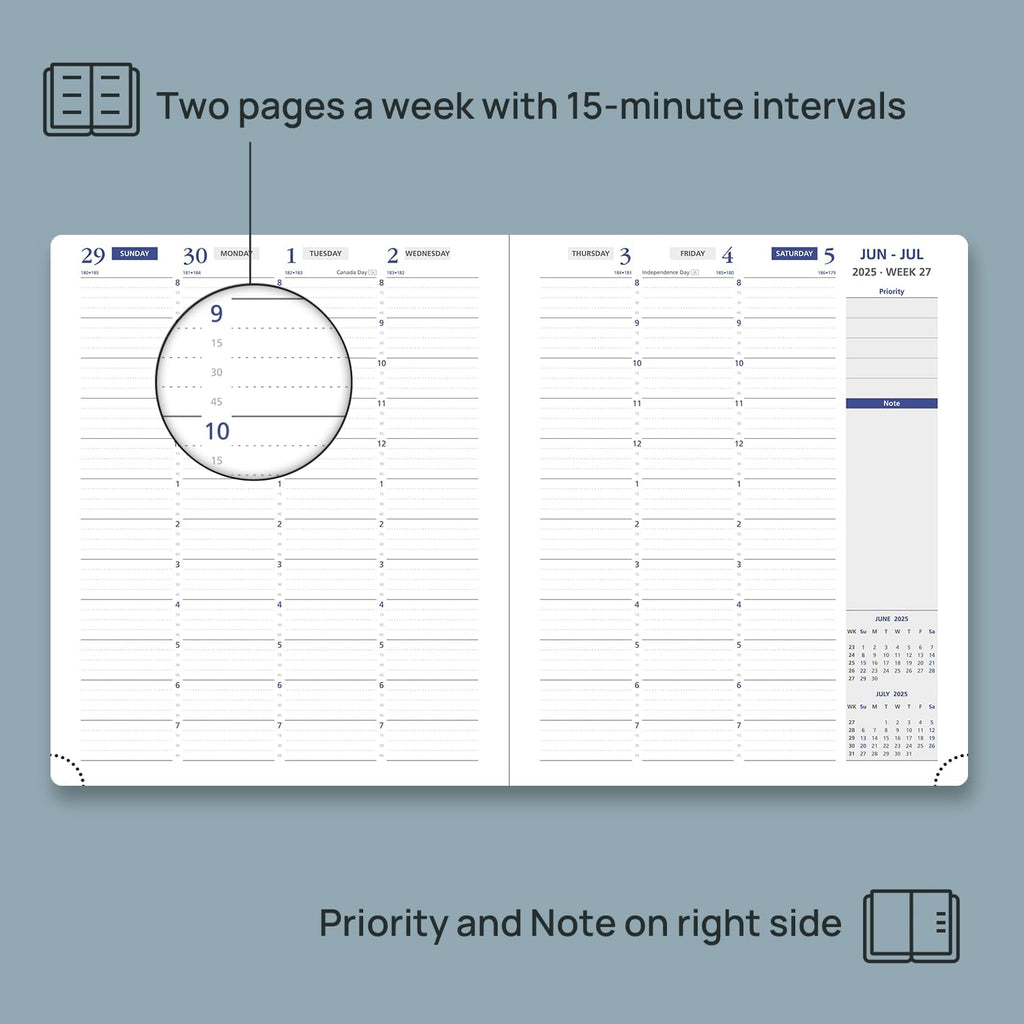 POPRUN Weekly Planner 2025-2026, 7.25'' x 8.5'', 15-Minute Hourly Appointment Book (July 2025-June 2026) with PU Leather Softcover, Monthly Tabs, Inner Pocket - Midnight Green