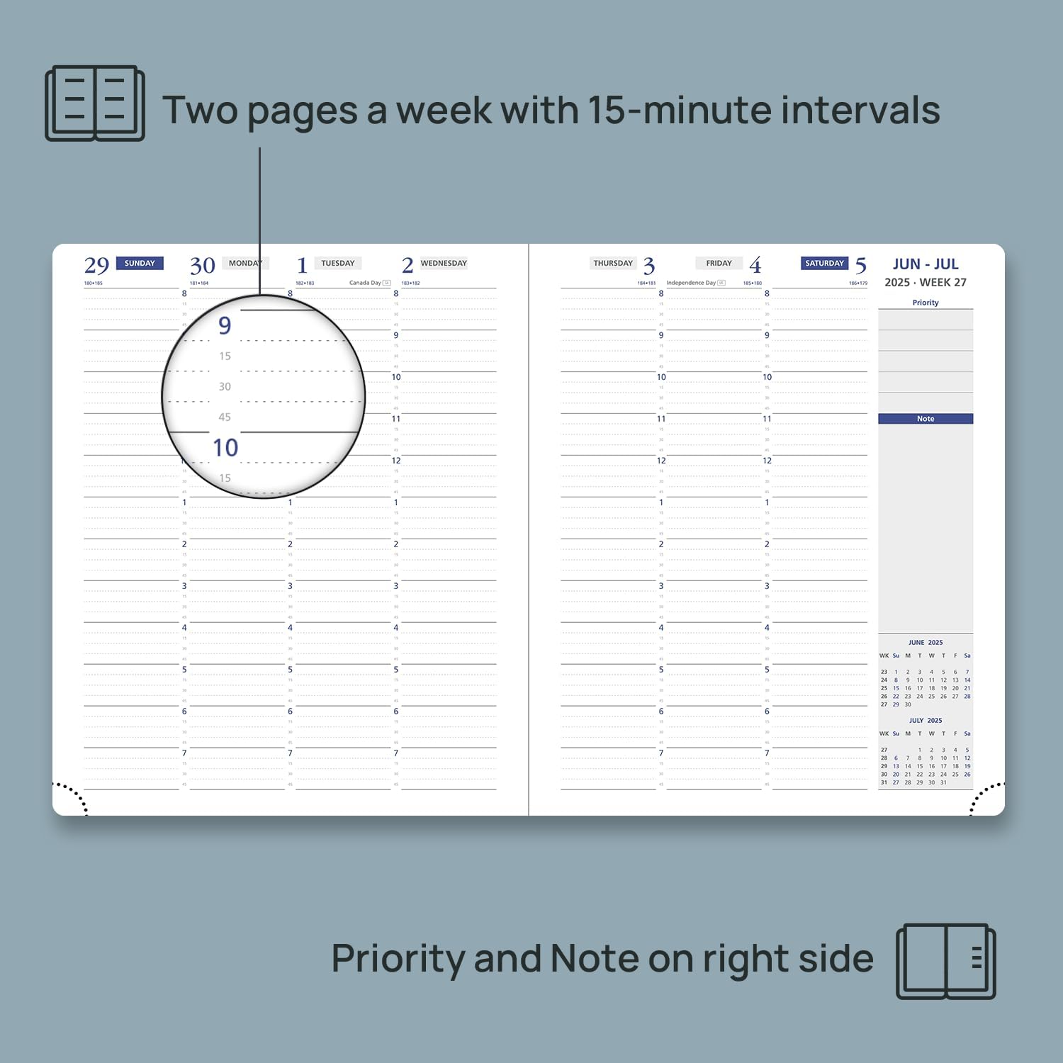 POPRUN Weekly Planner 2025-2026, 7.25'' x 8.5'', 15-Minute Hourly Appointment Book (July 2025-June 2026) with PU Leather Softcover, Monthly Tabs, Inner Pocket - Pacific Green