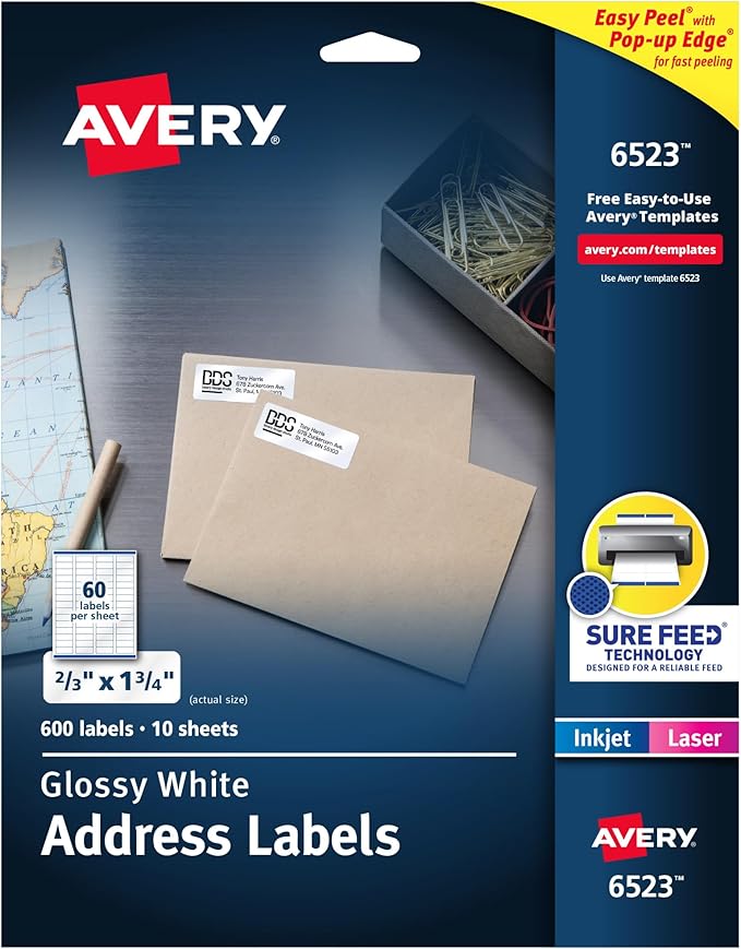 Avery Return Address Labels with Sure Feed and Easy Peel Technology, Glossy White Labels, 2/3" x 1-3/4", Permanent Adhesive, Laser/Inkjet, 600 Glossy Labels (6523)