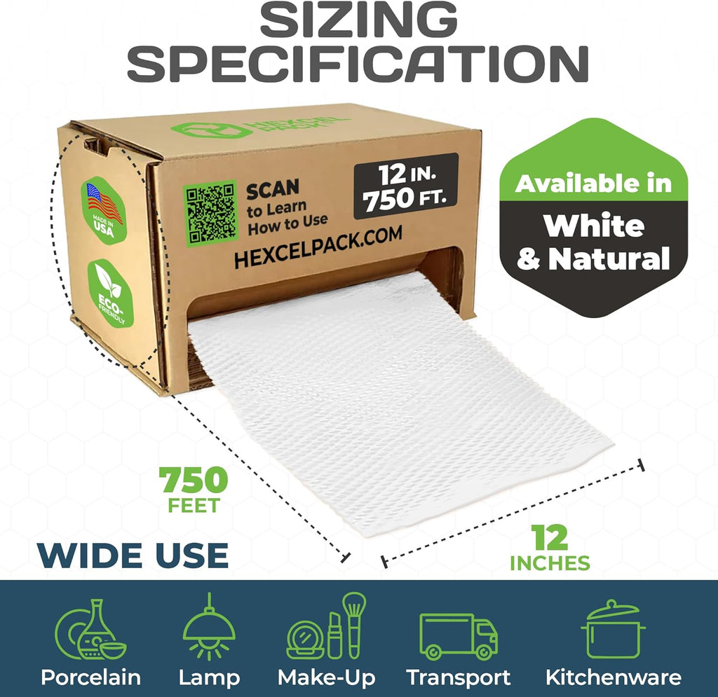 HexcelWrap Mini - Honeycomb Packing Paper, Eco-Friendly, Sustainable Paper Bubble Wrap for Shipping & Moving, Cushioned Packing Material in Dispenser - White, Pallet of 40, 12" x 750'