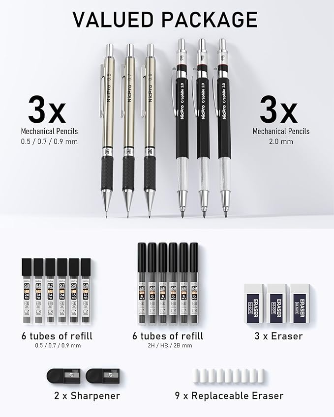 Nicpro 6PCS Art Mechanical Pencil Set, 3PCS Metal Drafting Pencil 0.5 mm & 0.7 mm & 0.9 mm & 3PCS 2mm Graphite Lead Holder (2B HB 2H) For Writing, Sketching Drawing With Lead Refills Case