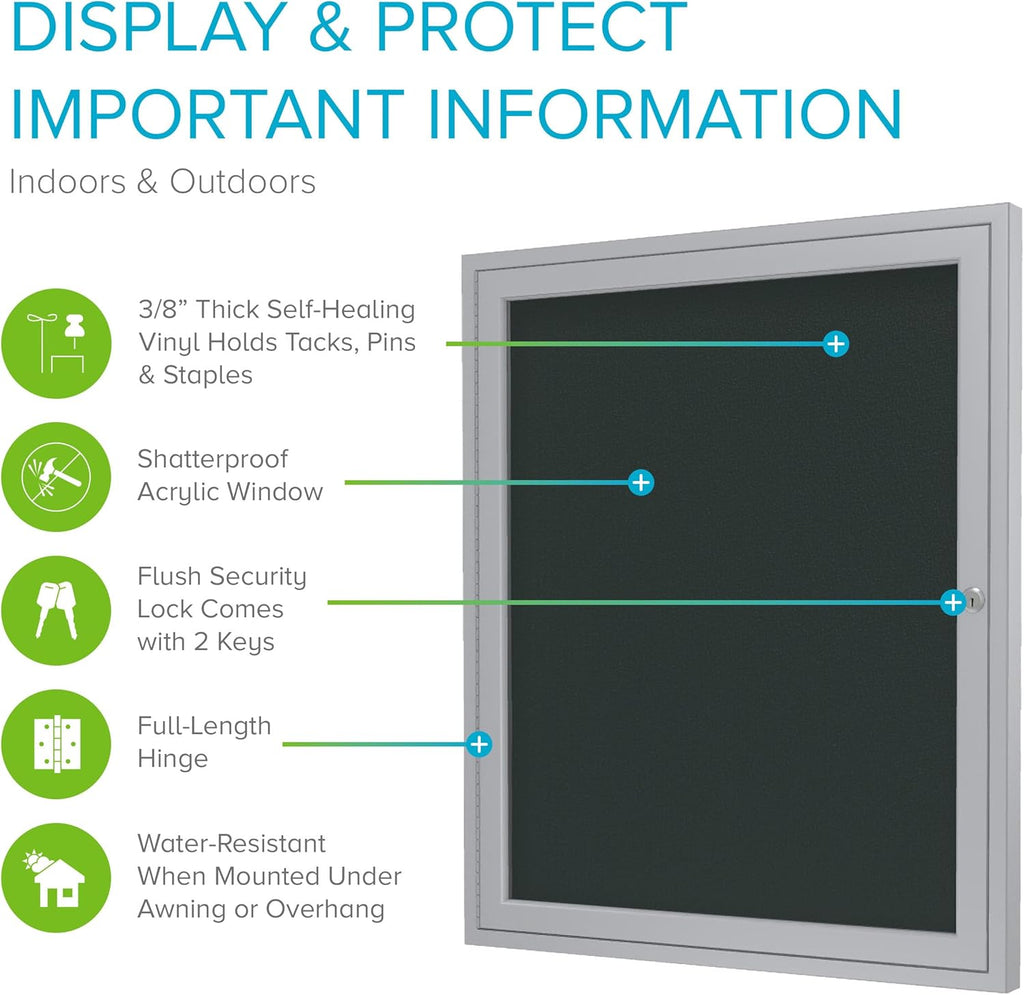 Ghent 36"x36" 1-Door Outdoor Enclosed Vinyl Bulletin Board, Shatter Resistant, with Lock, Satin Aluminum Frame - Ebony (PA13636VX-183), Made in the USA