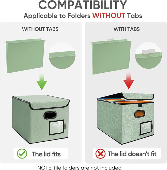 BALEINE File Organizer Box with Lid, Collapsible File Folder Organizer with Plastic Slide, Hanging File Folder Box for Office Document Storage (1 Pack, Green)