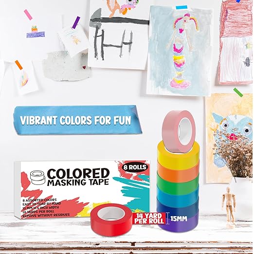 ALLFUN 8 Pieces Colored Masking Tape, Kids Arts & Crafts Colored Tape, Craft Tape, Colored Painters Tape