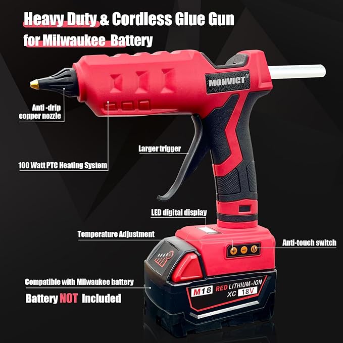 MONVICT 100W Cordless Glue Gun for Milwaukee 18V Battery, Upgraded Digital Temperature Adjustable Handheld Electric Power Full Size Heavy Duty Hot Glue Gun with 10 Glue Sticks (Tools only)