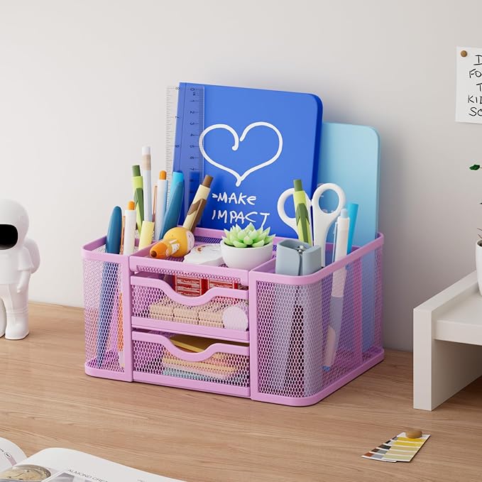 Marbrasse Mesh Desk Organizer, Pen Organizer with 2 Drawer, Multi-Functional Pencil Holder for Desk, Desk Organizers and Accessories with 5 Compartments + Drawer for Office Art Supplies (Purple)
