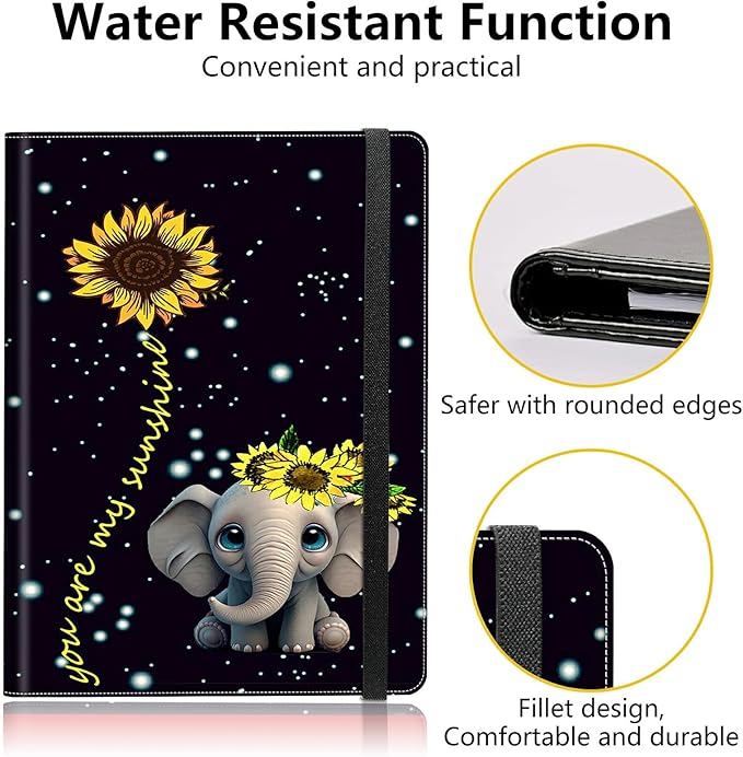 PU Leather Padfolio Folder Clipboard Portfolios Organizer Conference Document Organizer with Business Card Holder Storage Clipboard Writing Pad,Elephant Sunflower