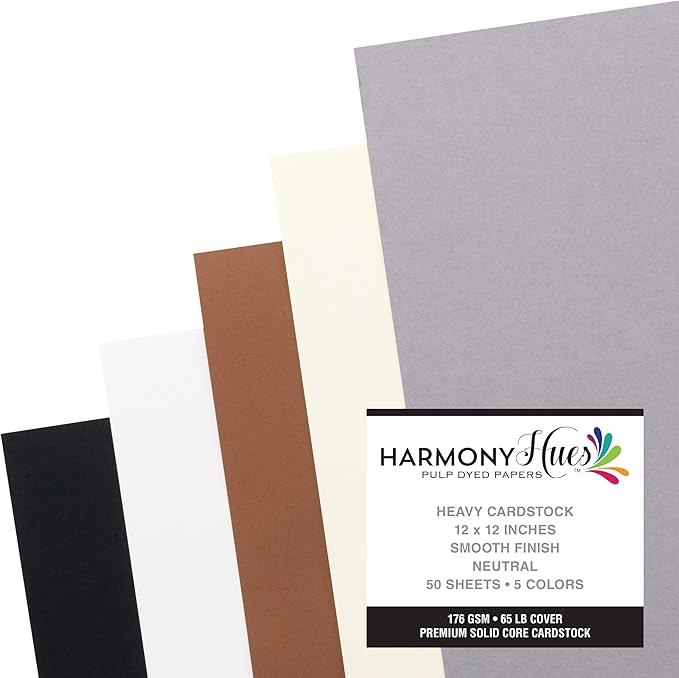 Cardstock 12 x 12 Paper Pack - 65lb Smooth Card Stock for Crafts, Cardmaking, Art Projects - 50 Square Scrapbook Sheets, 5 Assorted Colors - Double Sided with Solid Core, Neutral