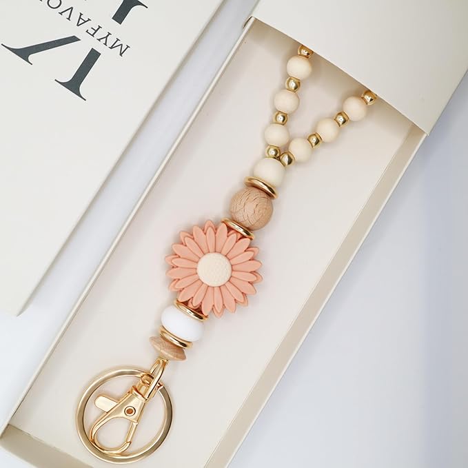 Wooden Teacher Lanyards for Id Badge Cute Flower Wood and Gold Beaded Lanyards for Women for Nurse Badge