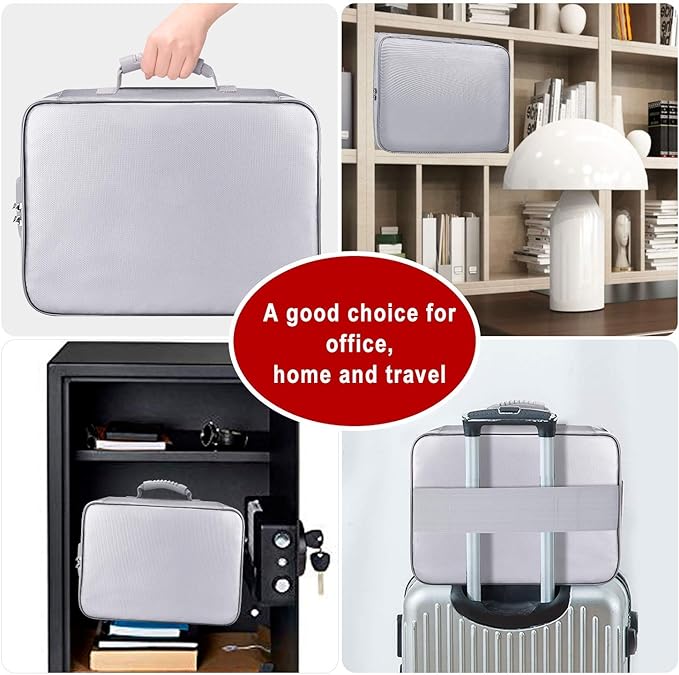 DocSafe Document Bag with Lock,Fireproof 3-Layer File Organizer Case with Water-Resistant Zipper,Document Storage Safe Bag Portable Travel Home for Paper,Files,Certificates,Gifts for Him,Silver