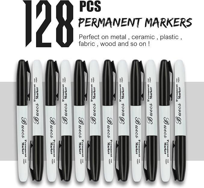 Permanent Markers, 128 Count Black Permanent Markers, Fine Point, Waterproof & Smear Proof Markers, Quick Drying, Office Supplies for School, Office, Home