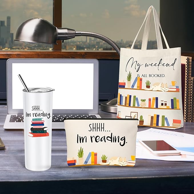 Silkfly 5 Pcs Book Lovers Gifts Set, Gifts for Book Lovers, Includes 20 oz Tumbler Socks Bookmark Tote Bag and Cosmetic Bag