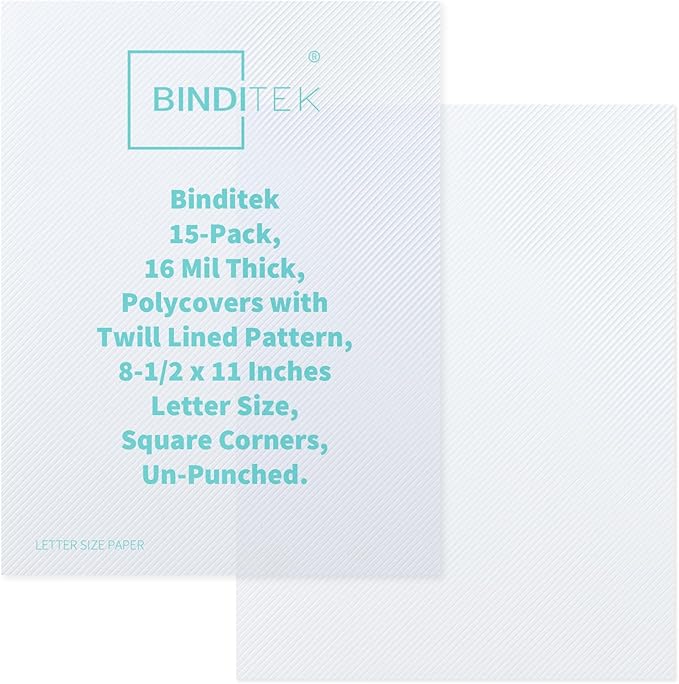Binditek 15 Pack 16 Mil Binding Presentation Covers,Heavyweight Polycovers with Lined Pattern, 8-1/2 x 11 Inches Binding Front Covers, Letter Size, Square Corners, Un-Punched, Office Supplies