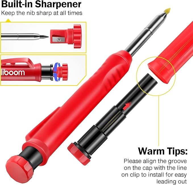 Hiboom 2 Pack Solid Carpenter Pencil with 14 Refill, Long Nosed Deep Hole Mechanical Pencil Marker with Built-in Sharpener for Carpenter Woodworking Architect with Design Patent (Black, Red)
