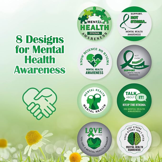 1000 Pieces Mental Health Awareness Stickers Small Green Ribbon Awareness Stickers Mental Health Gifts for Adult Women Men Teens Kids Fundraiser Event Mental Health Handout Supplies, 8 Styles