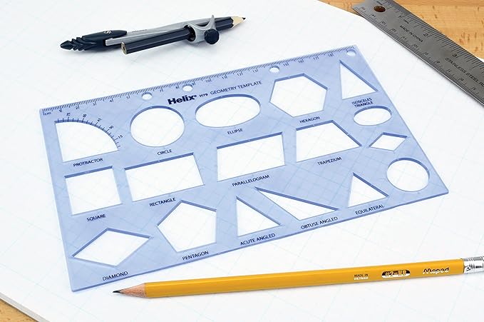 Maped Helix USA - Geometry Shapes Drawing Template - 17 Shapes - Educational Tool - Enhances Precision - Ideal for Drafting & Design - 20cm Ruler