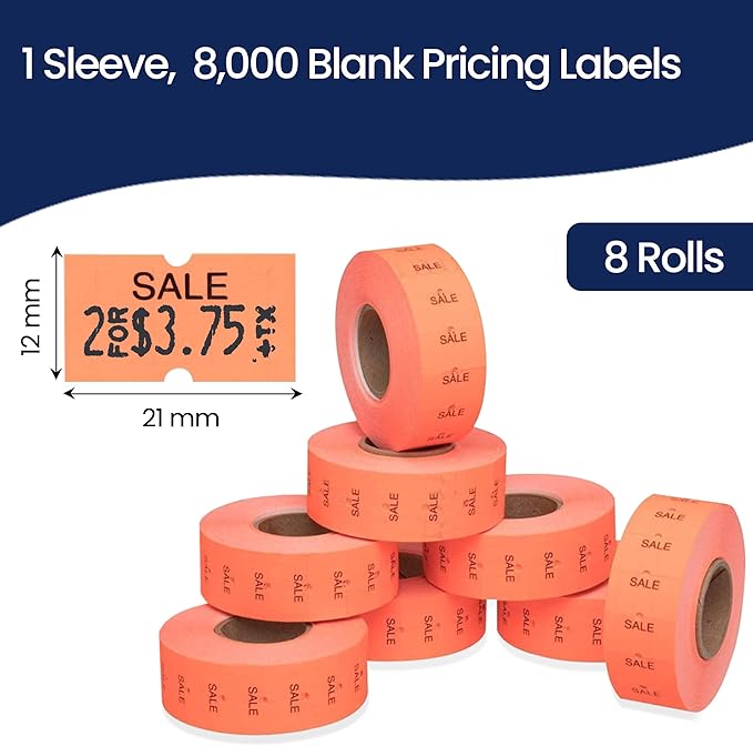 Perco 1 Line Fluorescent Red Sale Labels - 8 Rolls, 1 Sleeve, 8,000 Blank Price and Date Gun Labels for Perco 1 Line Price and Date Guns - Made in USA