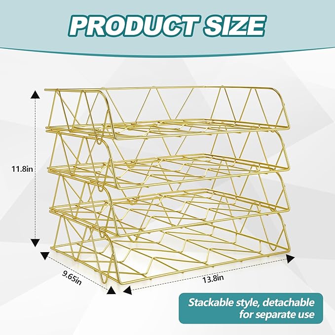 Yeaqee 4 Tier Stackable Paper Tray Gold Desk Organizer Rack Metal Letter Desk File Organizer Horizontal Holder File Trays for Desk Office Desktop Supplies and Accessories