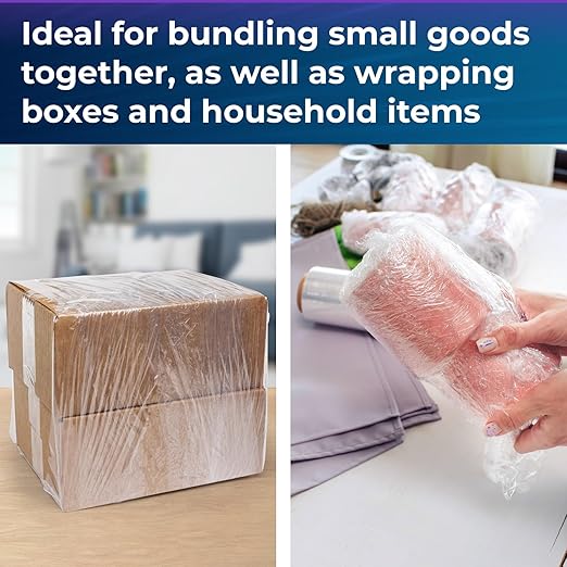 IDL Packaging 5" x 1000' Stretch Wrap Mini Roll of 80 Gauge (6 Rolls) with Plastic Handle - Extra Sticky Clear Plastic Wrap Film - Great for Moving and Office Needs - Self-Adhesive Wrap Packaging