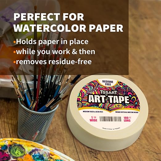 White Art Tape Medium Tack - Masking Artists Tape for Drafting Art Watercolor Painting Canvas Framing - Acid Free 1inch Wide 180FT Long