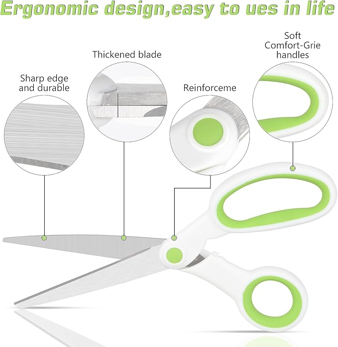 Left Handed Scissors for Adults Student Kids, 8" Heavy Duty Stainless Steel Lefty Scissors for Office, Home, Arts and Crafts, Green and White (2 Pack)