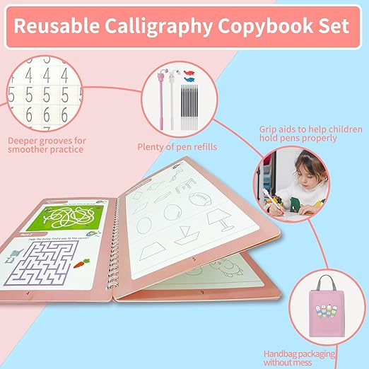 Reusable Grooved Handwriting Practice Workbook,Magic Practice Copybook,Reusable Writing Practice Book, for Preschool Kids Age 3-8 Calligraphy (Pink Bag, 10.3inx7.3in)