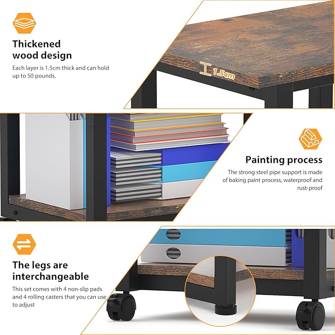 Under Desk Printer Stand, 2-Tier 19.5''x 16''x 22'' Rolling Printer Stand Storage Shelves for Printer, Scanner, Fax Machine, Files, Books with Anti-Skid Feet for Home, Office, Brown