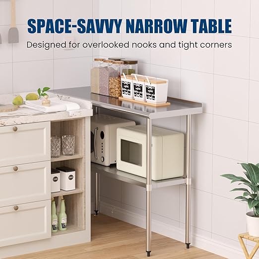 Stainless Steel Table 18 x 48 Inches Metal Prep Table with Backsplash & Adjustable Undershelf for Commercial Kitchen, Outdoor, Restaurant, Hotel & Garage