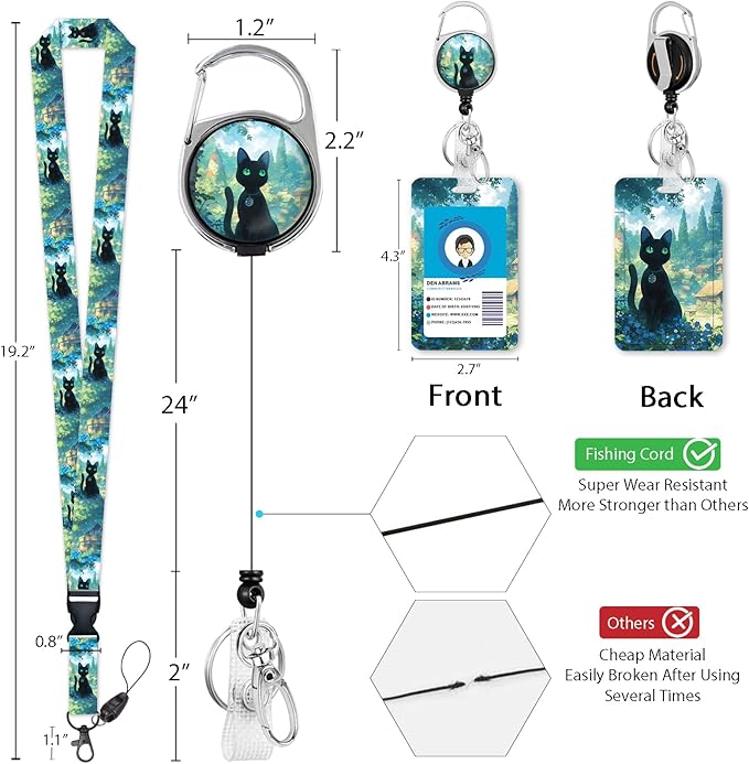 Giancomics Lanyards for Id Badges, Black Cat ID Badge Holder with Lanyard Badge Reel Retractable, Anime Lanyard with ID Holder Keychain Clip Name Tag Cute ID Card Holder for Teacher Women Work Office
