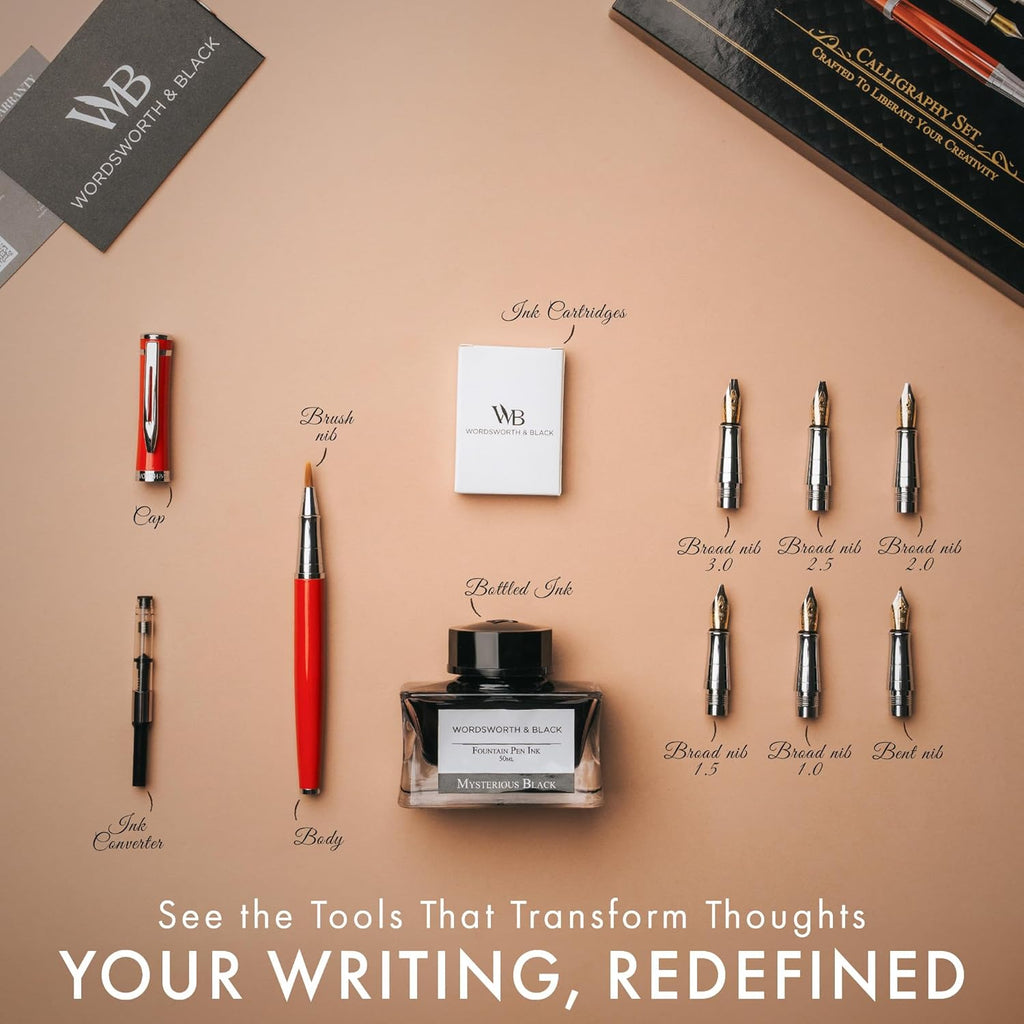 Wordsworth & Black Calligraphy Pen Gift Set, Includes Bottle, 6 Cartridges, Refill Converter, 6 Replacement Nibs, Premium Package, Journaling, Smooth Writing Pens [Red Chrome]