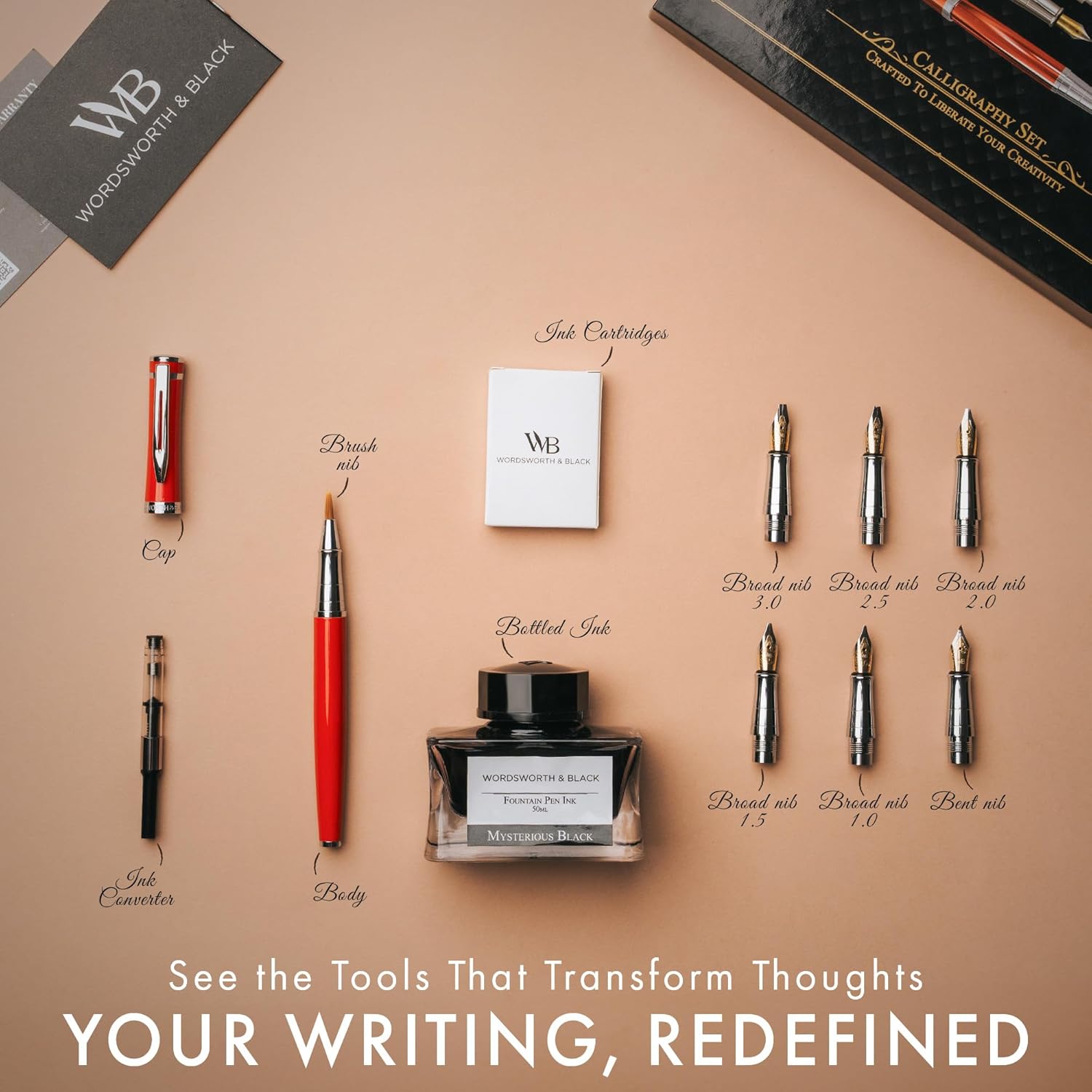 Wordsworth & Black Calligraphy Pen Gift Set, Includes Bottle, 6 Cartridges, Refill Converter, 6 Replacement Nibs, Premium Package, Journaling, Smooth Writing Pens [Red Chrome]