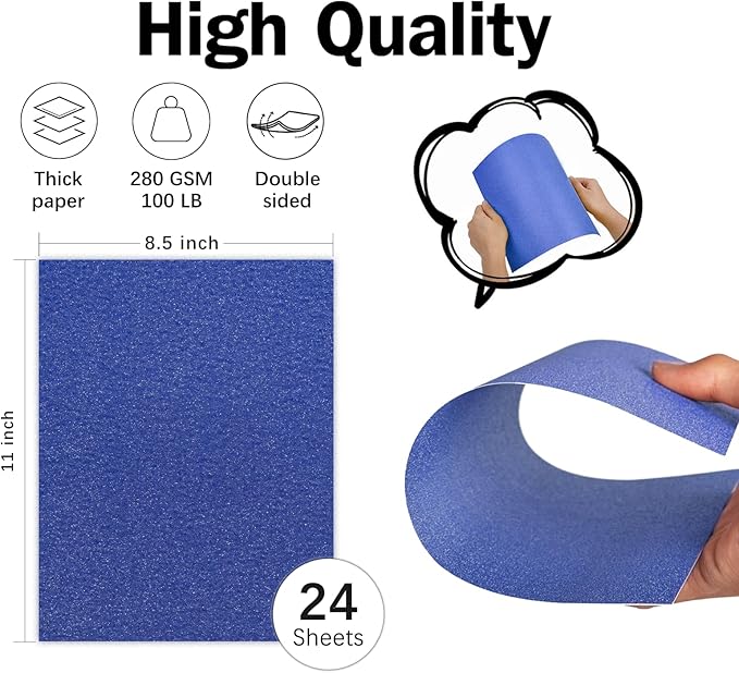 Double-sided Blue Glitter Cardstock 8.5x11- Goefun Metallic Paper, 24 Sheets 280 GSM/100LB Blue Cardstock for Card Making, Cricut, Graduation Cap Decorations