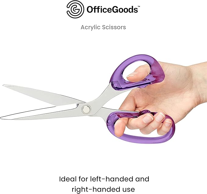OfficeGoods 9” Stainless Steel Acrylic Scissors for Office and Home - Aesthetic and Sharp All Purpose Scissors, Perfect for Sewing, Arts and Crafts - Purple Silver Metal