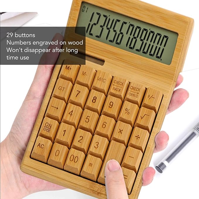 Zopsc Bamboo Calculator, Wooden Solar Calculators with 12 Bit Digital LCD Screen, Basic Standard Function Desk Calculators with 29 Big Buttons for Office Home School Store