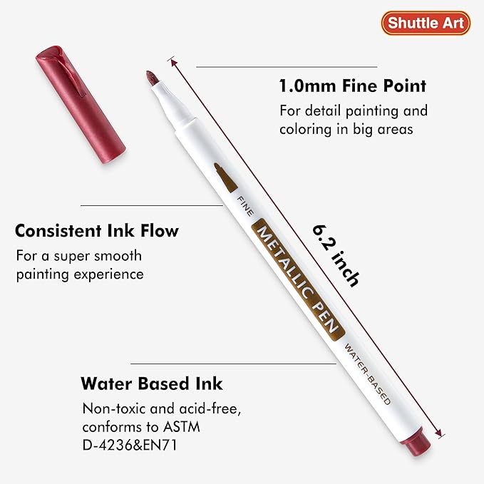 Shuttle Art Metallic Marker Pens, 30 Colors Metallic Paint Markers with 1 Coloring Book Fine Point for DIY Card, Calligraphy, Art and Crafting Projects, Works Great on Black Paper, Scrapbooks, Rock
