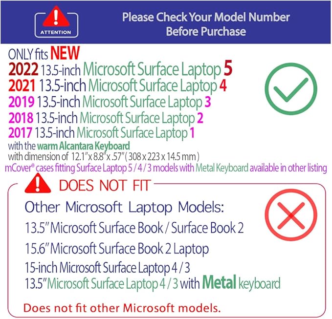 mCover Case Compatible for 13.5" Microsoft Surface Laptop (5/4 / 3/2 / 1) with Alcantara Keyboard ONLY (NOT Compatible with Surface Book and Tablet) - Black