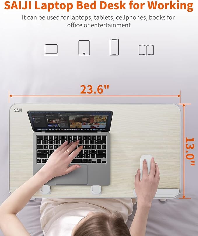 Laptop Desk for Bed, SAIJI Lap Desks Bed Trays for Eating Writing, Adjustable Computer Laptop Stand, Foldable Lap Table in Sofa and Couch（23.6 x 13Teak